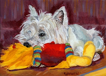 West Highland Terrier Westie playing with plush toy - cute Westie original painting acrylic