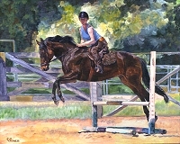Equine horse painting by Connie Bowen of an athletic chestnut colored gelding at the Lake Oswego Hunt Club. 