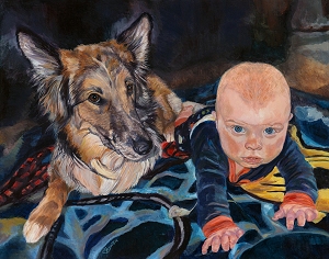 Brekka and Chris - dog and baby together in a painting