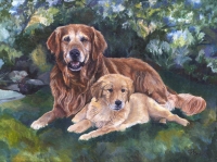 Dog Painting by Connie Bowen of Clarence and Henry, a beautiful Golden Retriever and sweet Golden Retriever puppy