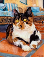 Custom cat portrait painting by Connie Bowen of Jaxy, a beautiful Calico cat. Calico cats are one of my favorites! They have such interesting markings.