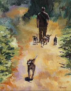 Joey walking with his Beagles without a leash