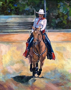 Equine horse painting by Connie Bowen of Kristin and Curly, a drill team horse portrait
