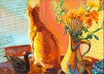 Sammy - orange cat with sunset and orange flowers