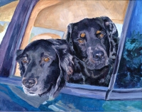 Dog Painting by Connie Bowen of Clyde and Babe, two very sweet black labrador retrievers who love to go along, too! Black labs shine!