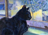 Custom cat portrait painting by Connie Bowen of black cat Nick who was a stray black cat who has been given a new life! I love the shine in black cats' fur!