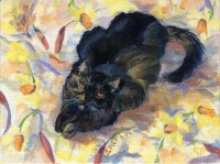 Custom cat portrait painting by Connie Bowen of Shirin, a mostly black calico cat, on a bed of flowers