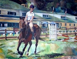 Equine horse painting by Connie Bowen of Maggie riding Zachariah at the Lake Oswego Hunt Club horse trials. The chestnut gelding Zachariah was a joy to behold!