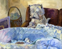 Dog Painting by Connie Bowen of Tucker and Benji - a sweet Westie (West Highland Terrier) with his new charge